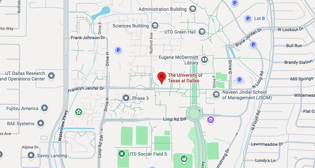 Map of the UT Dallas campus in Richardson, Texas